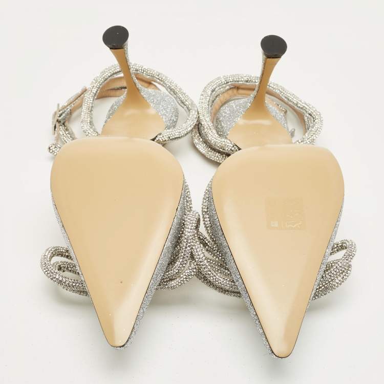 Pre Owned Mach & Mach Silver Glitter Crystal Embellished Double Bow Pumps Size 38.5