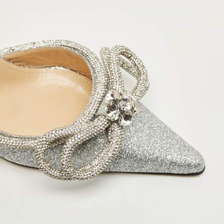 Pre Owned Mach & Mach Silver Glitter Crystal Embellished Double Bow Pumps Size 38.5
