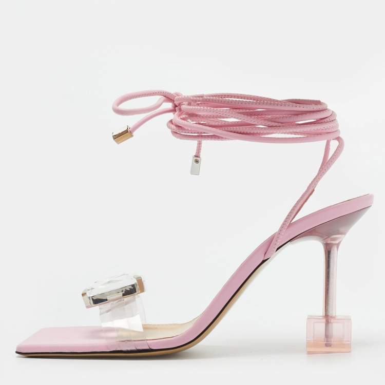 Pre Owned Mach & Mach Size 38 Transparent/Pink Leather and PVC Crystal Square Ankle Wrap Sandals