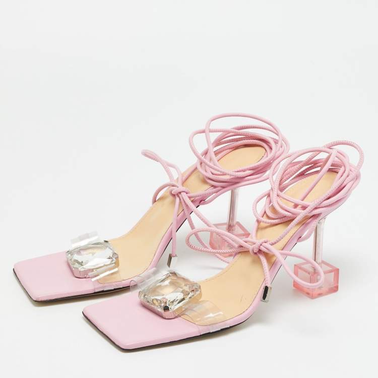 Pre Owned Mach & Mach Size 38 Transparent/Pink Leather and PVC Crystal Square Ankle Wrap Sandals