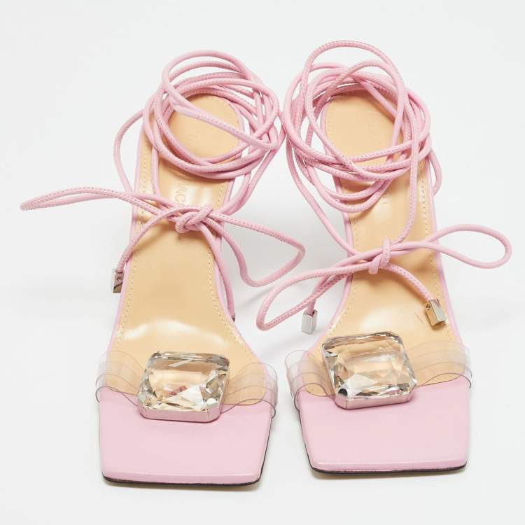 Pre Owned Mach & Mach Size 38 Transparent/Pink Leather and PVC Crystal Square Ankle Wrap Sandals