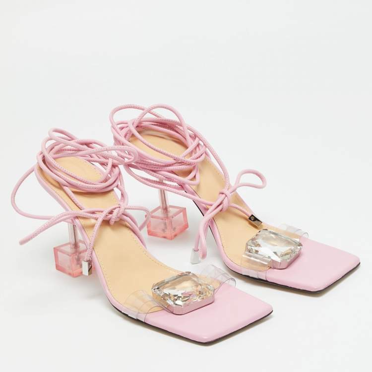 Pre Owned Mach & Mach Size 38 Transparent/Pink Leather and PVC Crystal Square Ankle Wrap Sandals