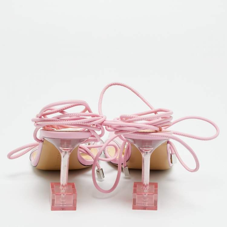 Pre Owned Mach & Mach Size 38 Transparent/Pink Leather and PVC Crystal Square Ankle Wrap Sandals