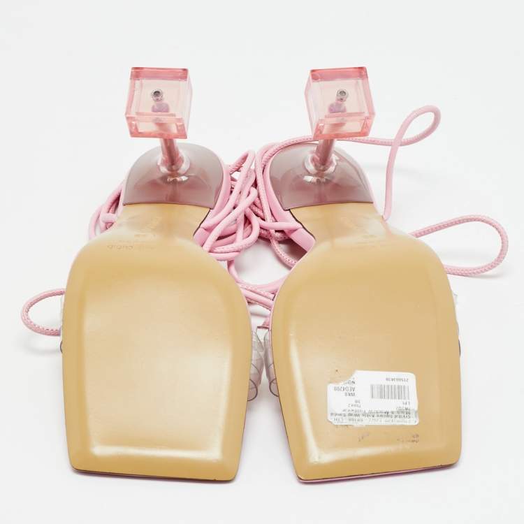 Pre Owned Mach & Mach Size 38 Transparent/Pink Leather and PVC Crystal Square Ankle Wrap Sandals