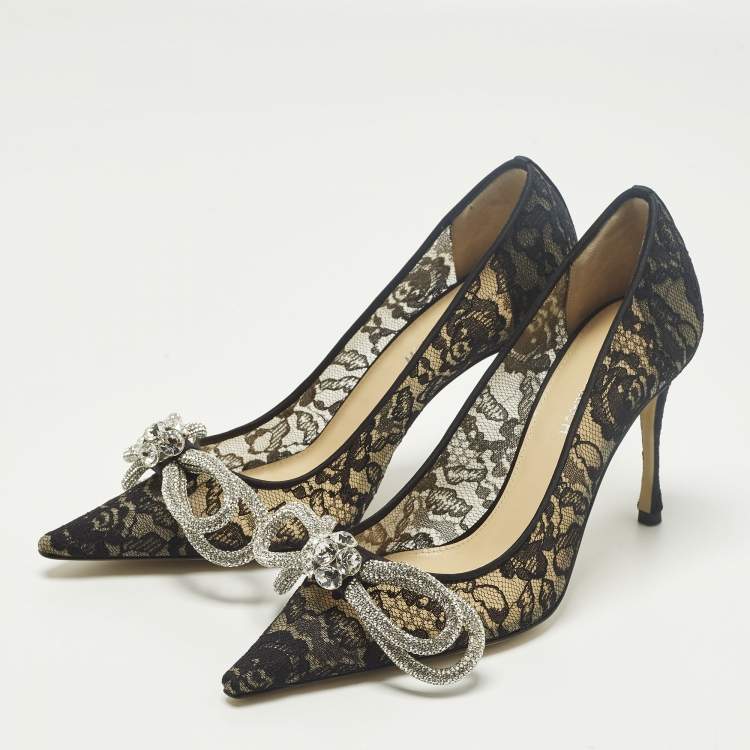 Pre Owned Mach & Mach Double Bow Size 38 Black Lace and Mesh Pumps