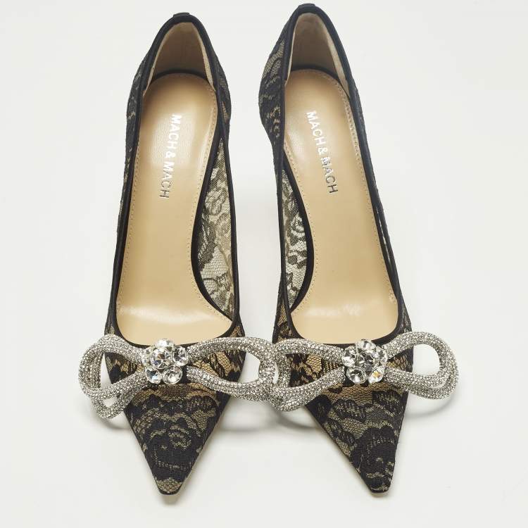 Pre Owned Mach & Mach Double Bow Size 38 Black Lace and Mesh Pumps