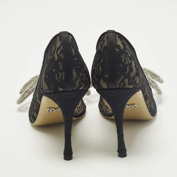 Pre Owned Mach & Mach Double Bow Size 38 Black Lace and Mesh Pumps