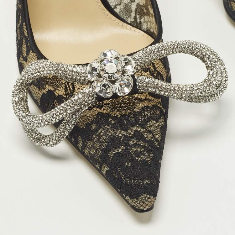 Pre Owned Mach & Mach Double Bow Size 38 Black Lace and Mesh Pumps