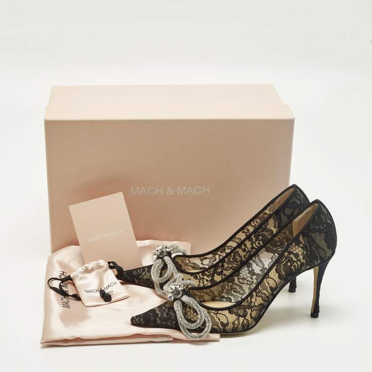 Pre Owned Mach & Mach Double Bow Size 38 Black Lace and Mesh Pumps