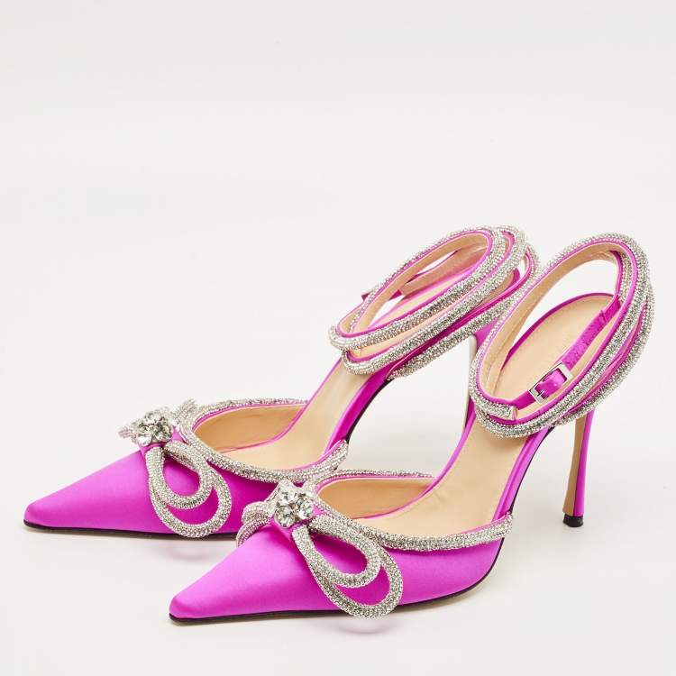 Pre Owned Mach & Mach Double Bow Size 41 Pink Satin Ankle Strap Pumps