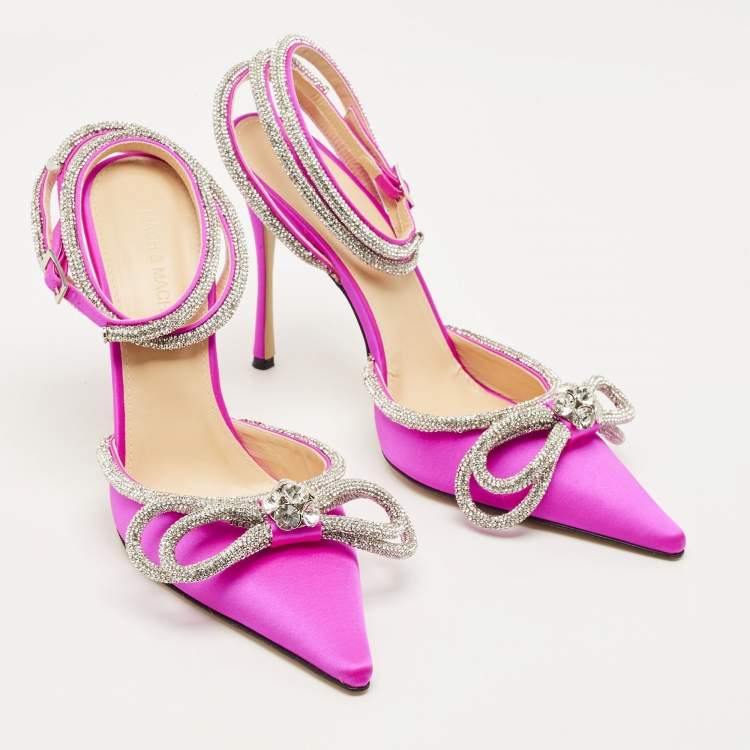 Pre Owned Mach & Mach Double Bow Size 41 Pink Satin Ankle Strap Pumps