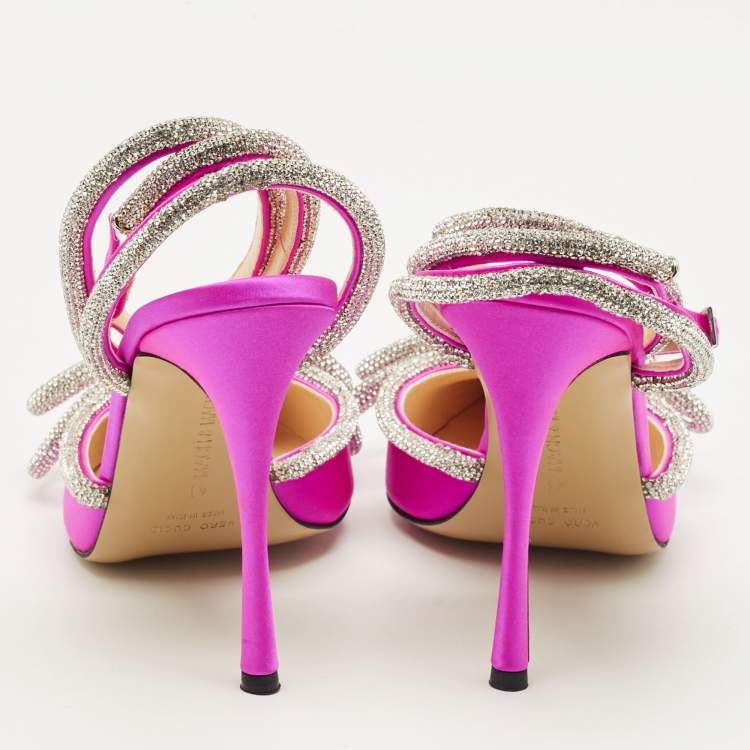 Pre Owned Mach & Mach Double Bow Size 41 Pink Satin Ankle Strap Pumps