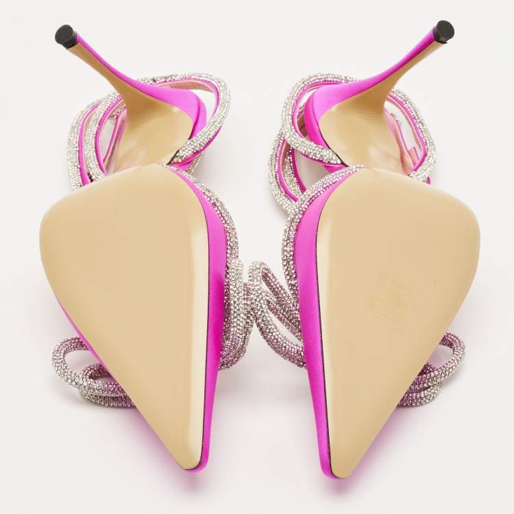 Pre Owned Mach & Mach Double Bow Size 41 Pink Satin Ankle Strap Pumps