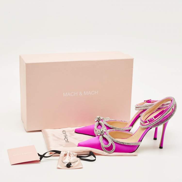 Pre Owned Mach & Mach Double Bow Size 41 Pink Satin Ankle Strap Pumps