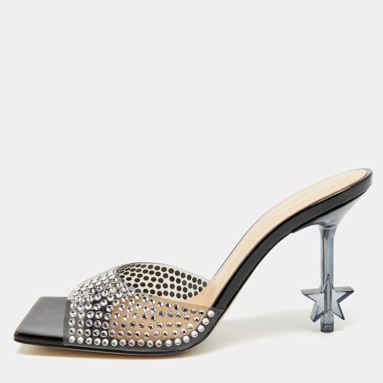 Pre Owned Mach & Mach Star Crystal Embellished Size 38 Black PVC Slide Sandals