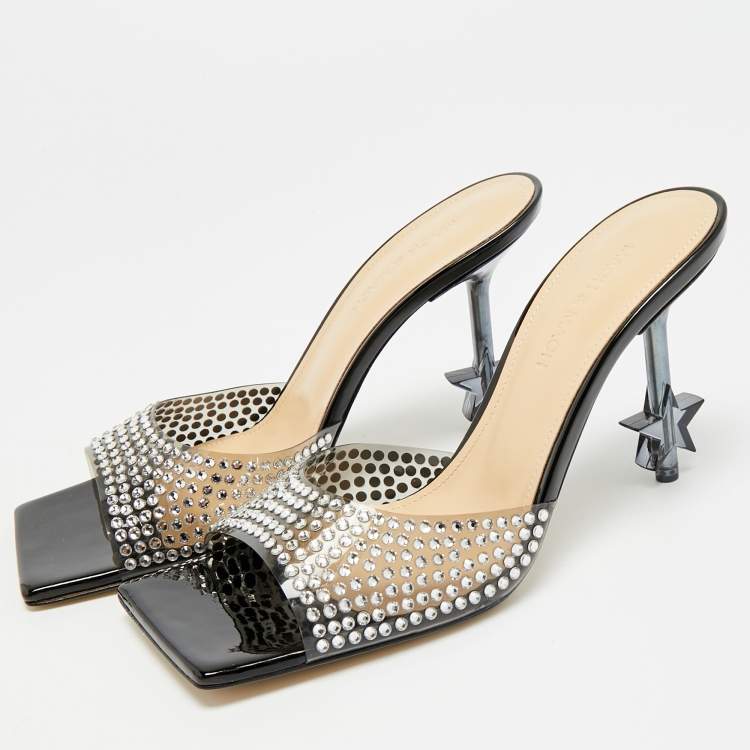 Pre Owned Mach & Mach Star Crystal Embellished Size 38 Black PVC Slide Sandals
