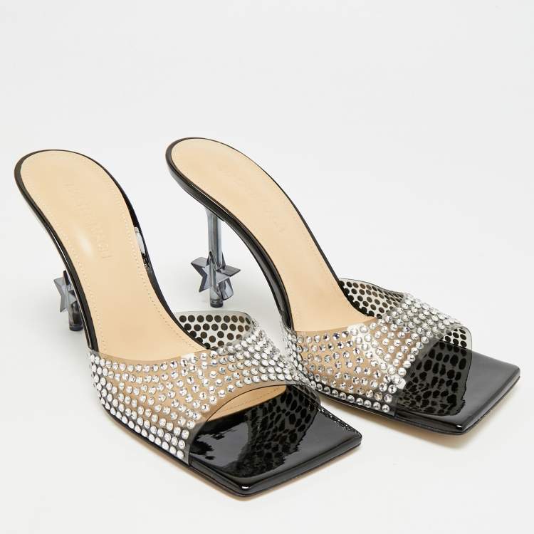 Pre Owned Mach & Mach Star Crystal Embellished Size 38 Black PVC Slide Sandals
