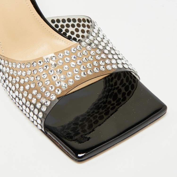Pre Owned Mach & Mach Star Crystal Embellished Size 38 Black PVC Slide Sandals