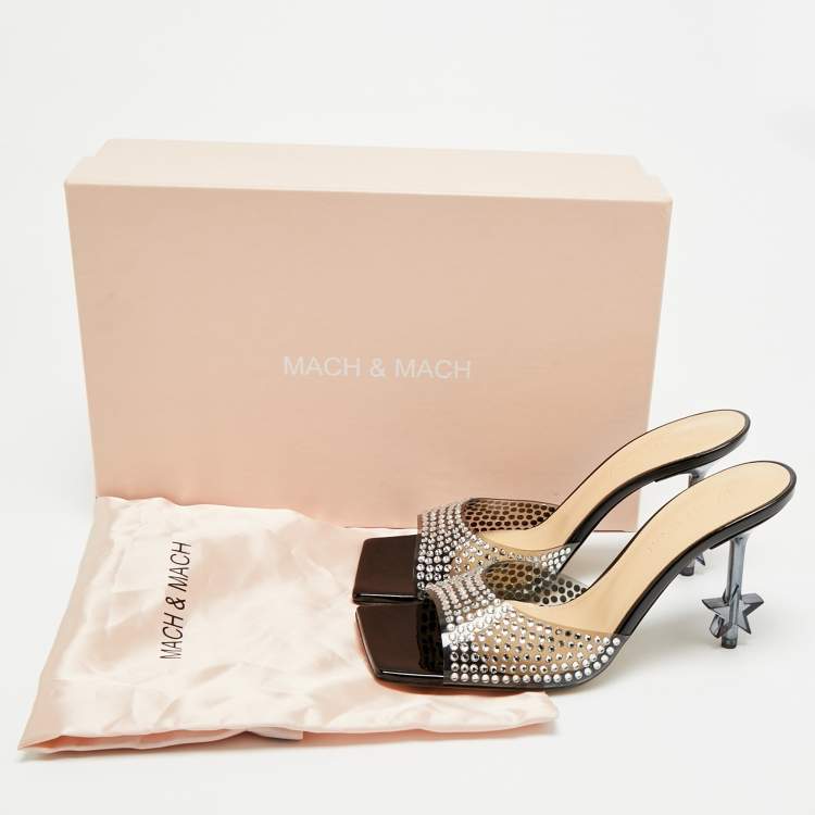 Pre Owned Mach & Mach Star Crystal Embellished Size 38 Black PVC Slide Sandals