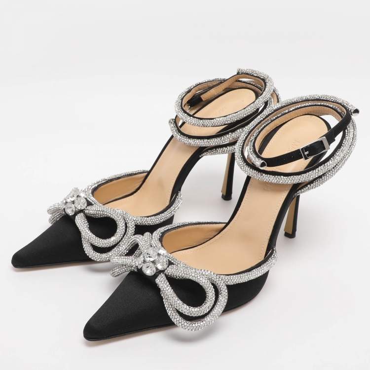 Pre Owned Mach & Mach Satin Double Bow Crystal Embellished Ankle Tie Pumps Size 38