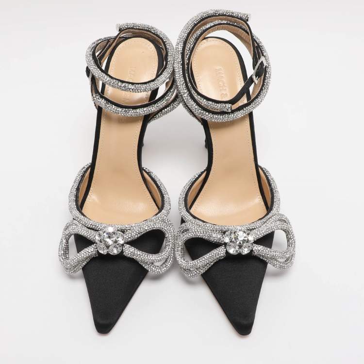Pre Owned Mach & Mach Satin Double Bow Crystal Embellished Ankle Tie Pumps Size 38