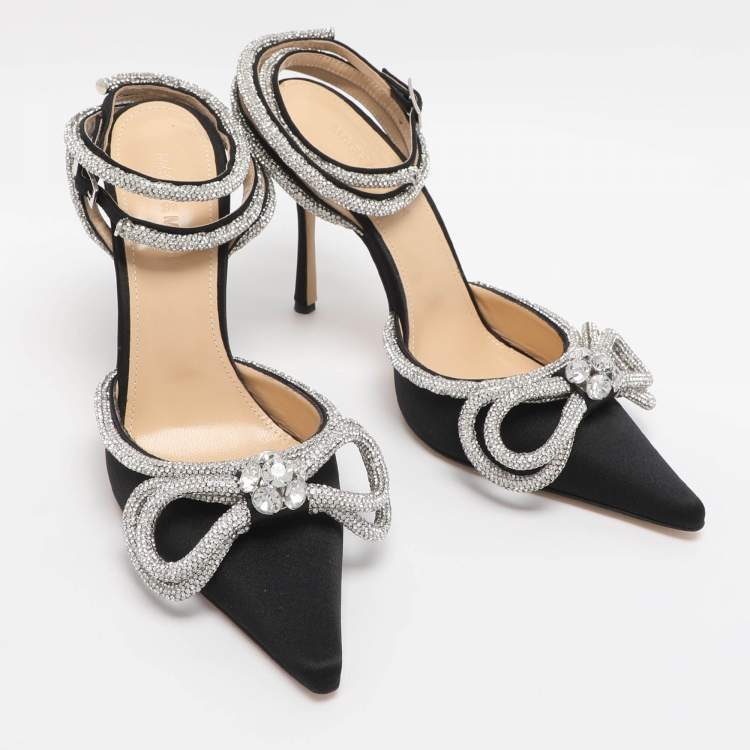 Pre Owned Mach & Mach Satin Double Bow Crystal Embellished Ankle Tie Pumps Size 38