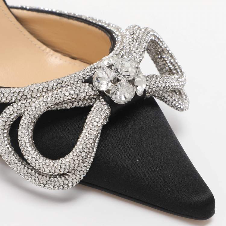 Pre Owned Mach & Mach Satin Double Bow Crystal Embellished Ankle Tie Pumps Size 38