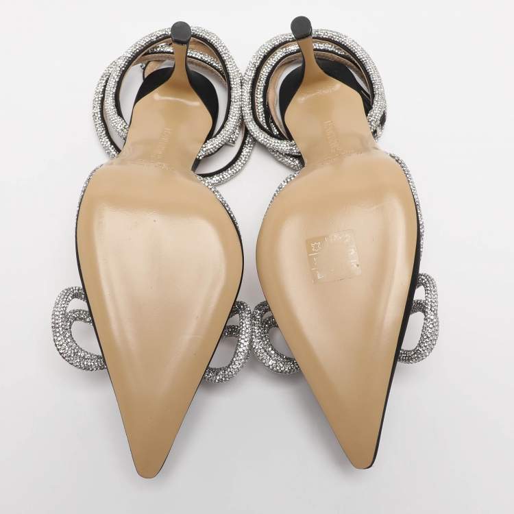 Pre Owned Mach & Mach Satin Double Bow Crystal Embellished Ankle Tie Pumps Size 38