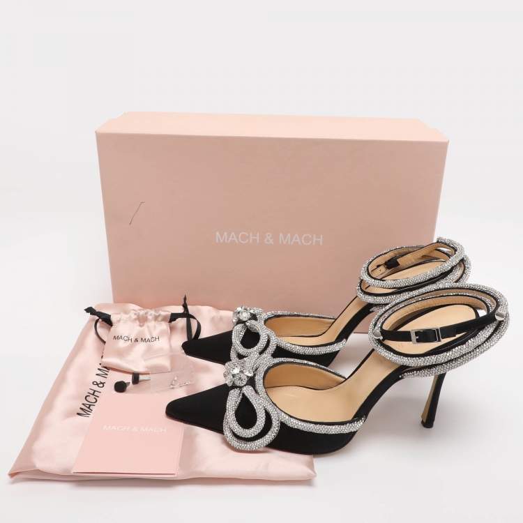 Pre Owned Mach & Mach Satin Double Bow Crystal Embellished Ankle Tie Pumps Size 38