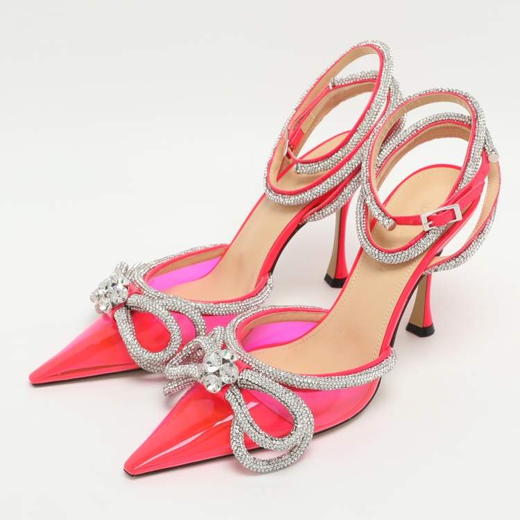 Pre Owned Mach & Mach Double Bow Size 37 Neon Pink Patent Leather and PVC Pumps