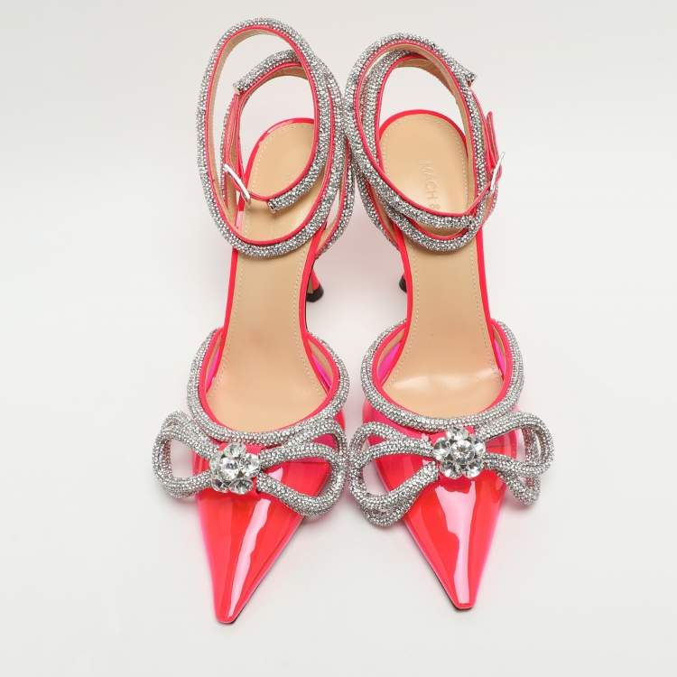 Pre Owned Mach & Mach Double Bow Size 37 Neon Pink Patent Leather and PVC Pumps