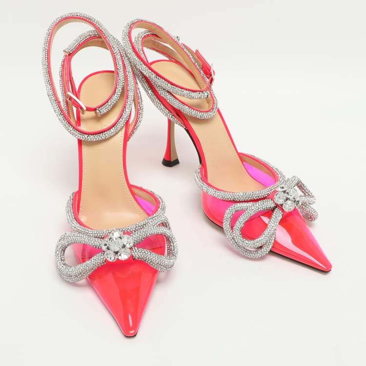 Pre Owned Mach & Mach Double Bow Size 37 Neon Pink Patent Leather and PVC Pumps