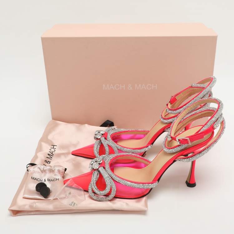 Pre Owned Mach & Mach Double Bow Size 37 Neon Pink Patent Leather and PVC Pumps