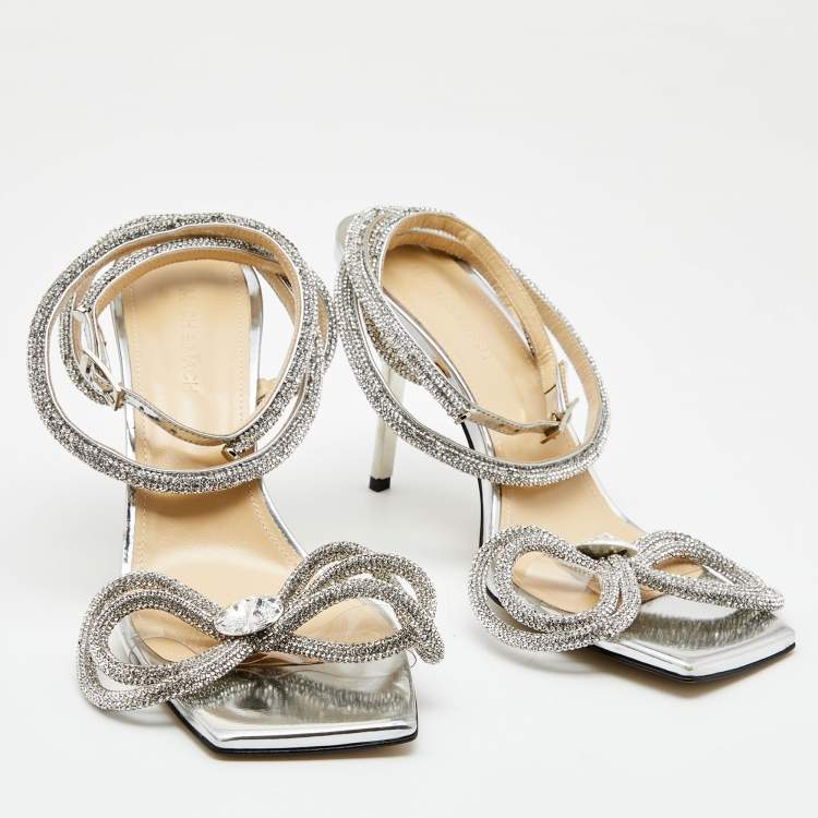 Pre Owned Mach & Mach Silver Leather and PVC Crystal Embellished Bow Ankle Strap Sandals Size 40