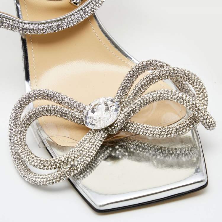 Pre Owned Mach & Mach Silver Leather and PVC Crystal Embellished Bow Ankle Strap Sandals Size 40