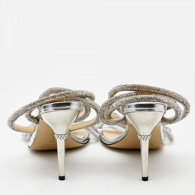 Pre Owned Mach & Mach Silver Leather and PVC Crystal Embellished Bow Ankle Strap Sandals Size 40