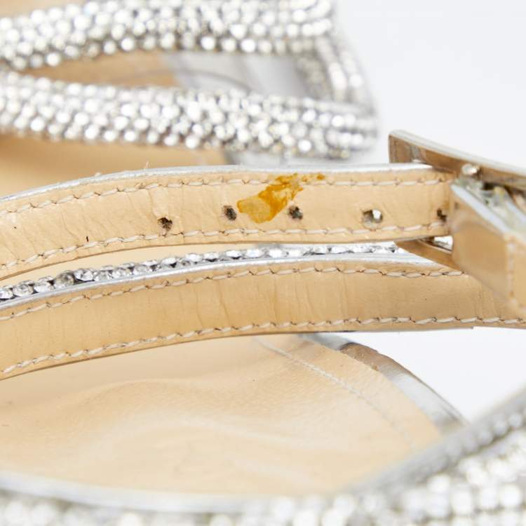 Pre Owned Mach & Mach Silver Leather and PVC Crystal Embellished Bow Ankle Strap Sandals Size 40