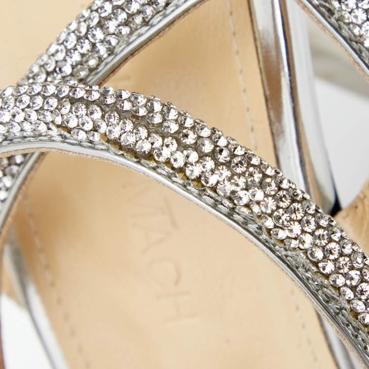 Pre Owned Mach & Mach Silver Leather and PVC Crystal Embellished Bow Ankle Strap Sandals Size 40