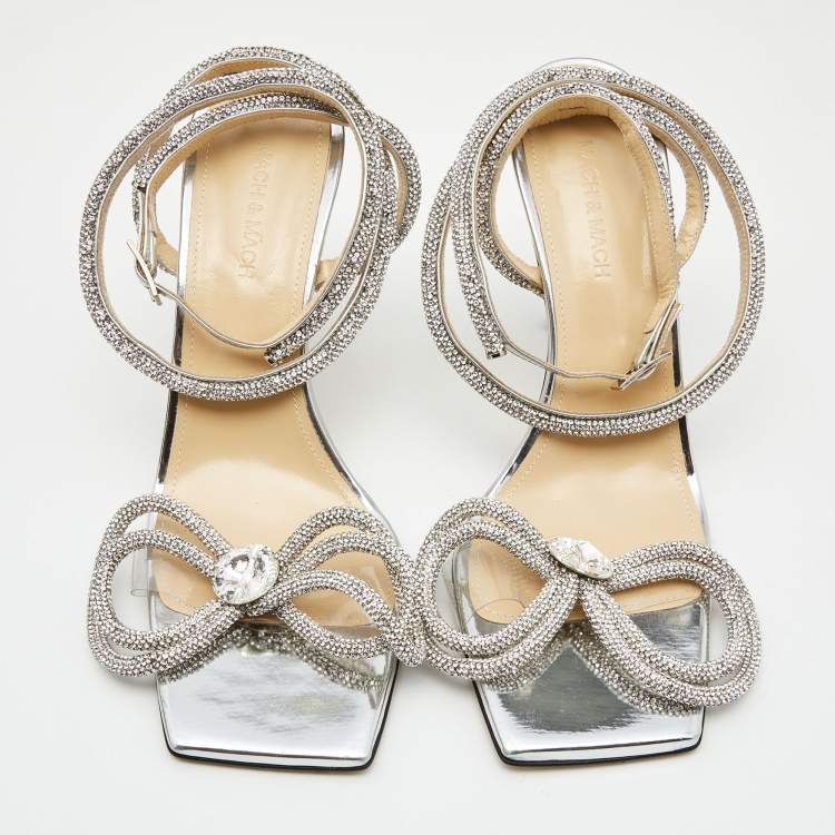 Pre Owned Mach & Mach Silver Leather and PVC Crystal Embellished Bow Ankle Strap Sandals Size 40