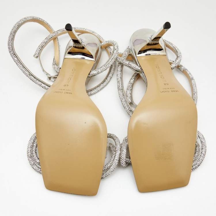 Pre Owned Mach & Mach Silver Leather and PVC Crystal Embellished Bow Ankle Strap Sandals Size 40