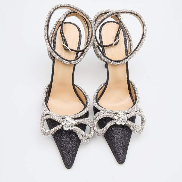 Pre Owned Mach & Mach Black/Silver Glitter Embellished Double Bow Ankle Strap Pumps Size 40