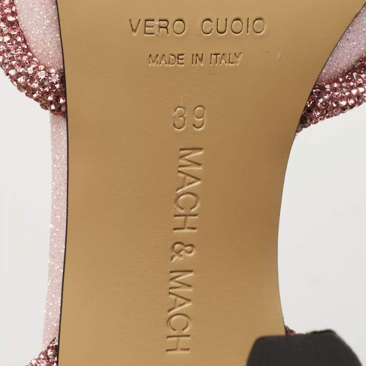 Pre Owned Mach & Mach Pink Glitter Crystal Embellished Double Bow Ankle Wrap Pumps Size 39