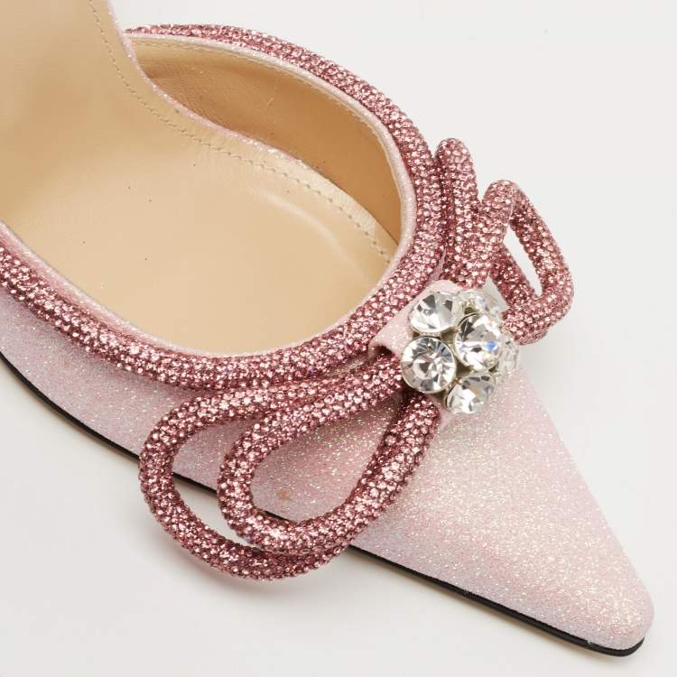 Pre Owned Mach & Mach Pink Glitter Crystal Embellished Double Bow Ankle Wrap Pumps Size 39