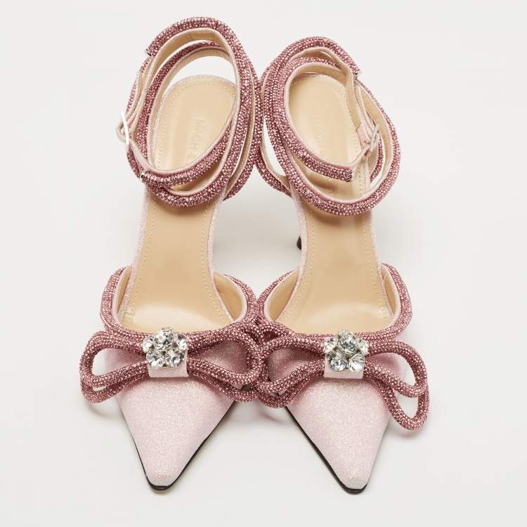 Pre Owned Mach & Mach Pink Glitter Crystal Embellished Double Bow Ankle Wrap Pumps Size 39