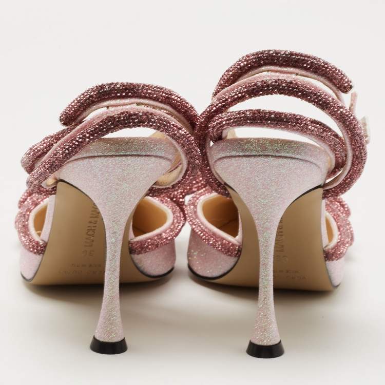 Pre Owned Mach & Mach Pink Glitter Crystal Embellished Double Bow Ankle Wrap Pumps Size 39