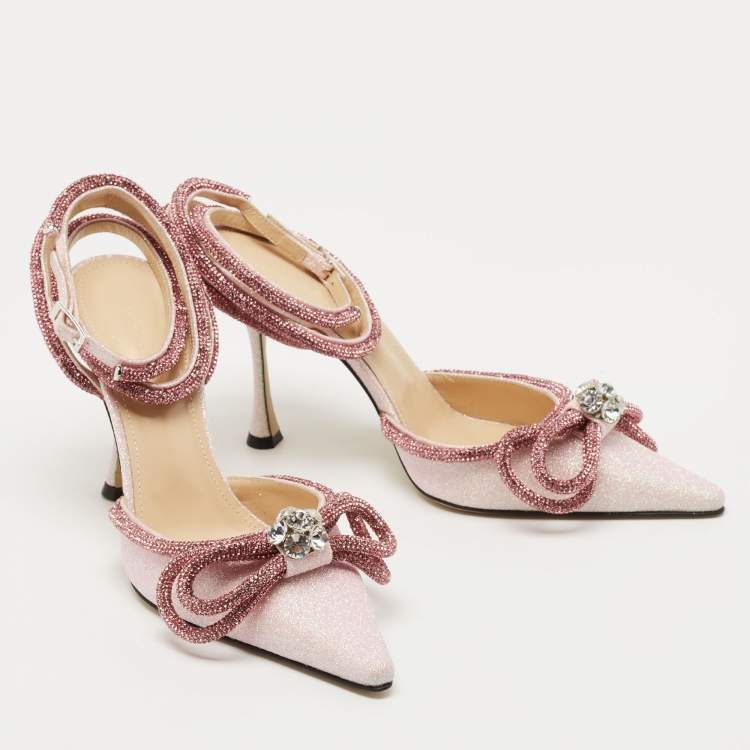Pre Owned Mach & Mach Pink Glitter Crystal Embellished Double Bow Ankle Wrap Pumps Size 39