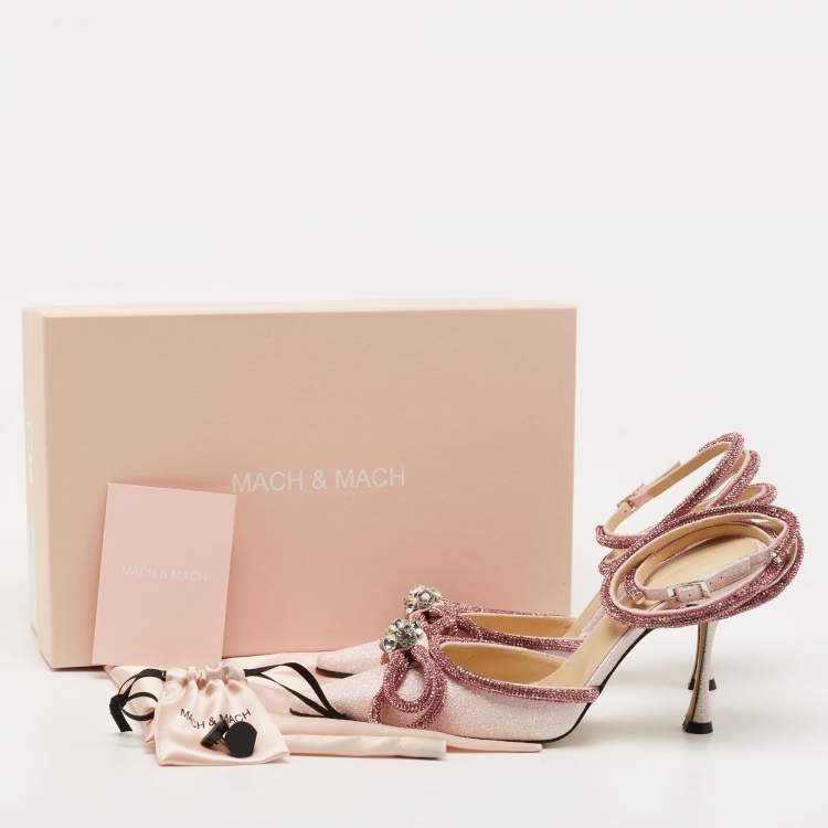 Pre Owned Mach & Mach Pink Glitter Crystal Embellished Double Bow Ankle Wrap Pumps Size 39