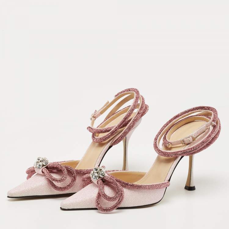 Pre Owned Mach & Mach Pink Glitter Crystal Embellished Double Bow Ankle Wrap Pumps Size 39