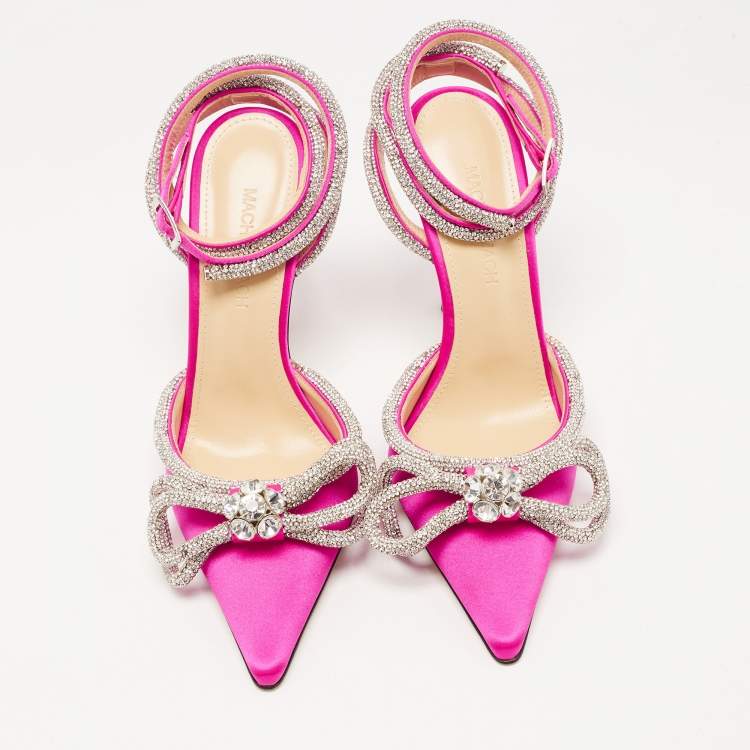 Pre Owned Mach & Mach Pink Satin Crystal Bow Ankle Wrap Pumps Size 36