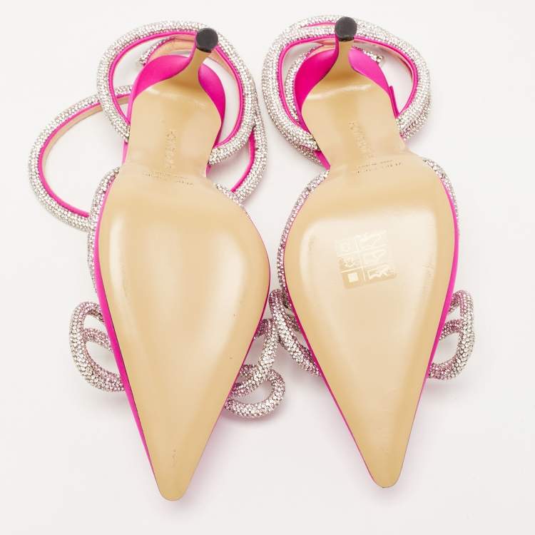 Pre Owned Mach & Mach Pink Satin Crystal Bow Ankle Wrap Pumps Size 36